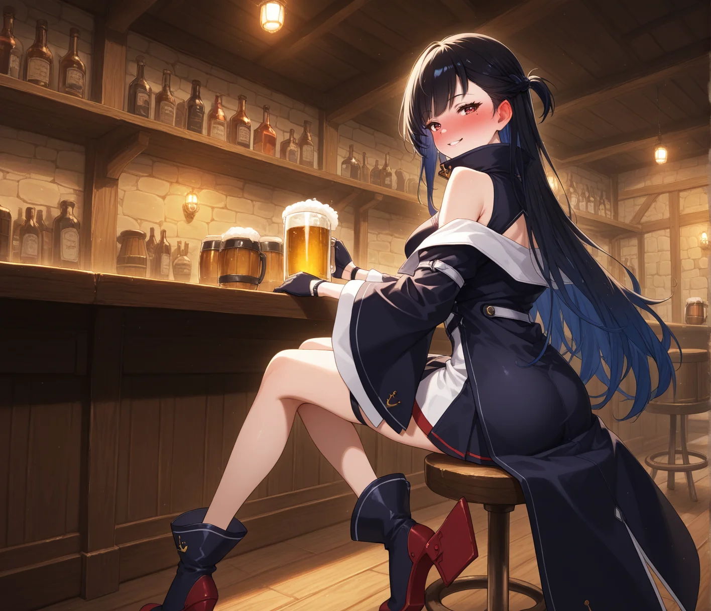 masterpiece, best quality, anime,  BREAK 1girl, solo,  <lora:Dramatic Lighting Slider:4>,from behind, looking back,  <lora:Tyber_West Virginia_Default_AL_NOOB:1> westvstand, red eyes, mole under eye, black hair, gradient hair, side braid, single braid, long hair, medium breasts, sleeveless dress, open coat, long coat, two-tone dress, blue and white dress, high collar, thigh strap, red trim, asymmetrical dress, multiple belts, bare shoulders, off shoulder, wide sleeves, black half gloves, black ankle boots, futuristic boots,anchor symbol,rudder footwear,
sitting, holding beer mug, seductive smile,full-face blush, ear blush,
indoors, tavern, beer mug, bar stool, bar \(place\), alcohol,shelf,
