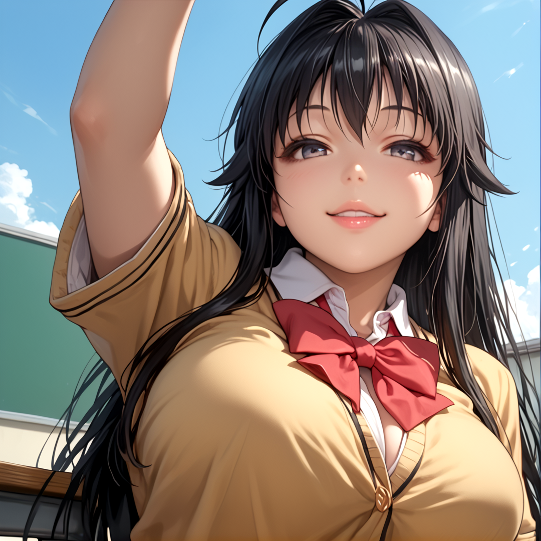 Chizuri, minamoto chizuru,  1girl, ahoge, long hair, school uniform, solo, black hair, seductive body, naughty face, huge breasts, bow, sit, dynamic angle, dynamic pose, dynamic camera, legs apart