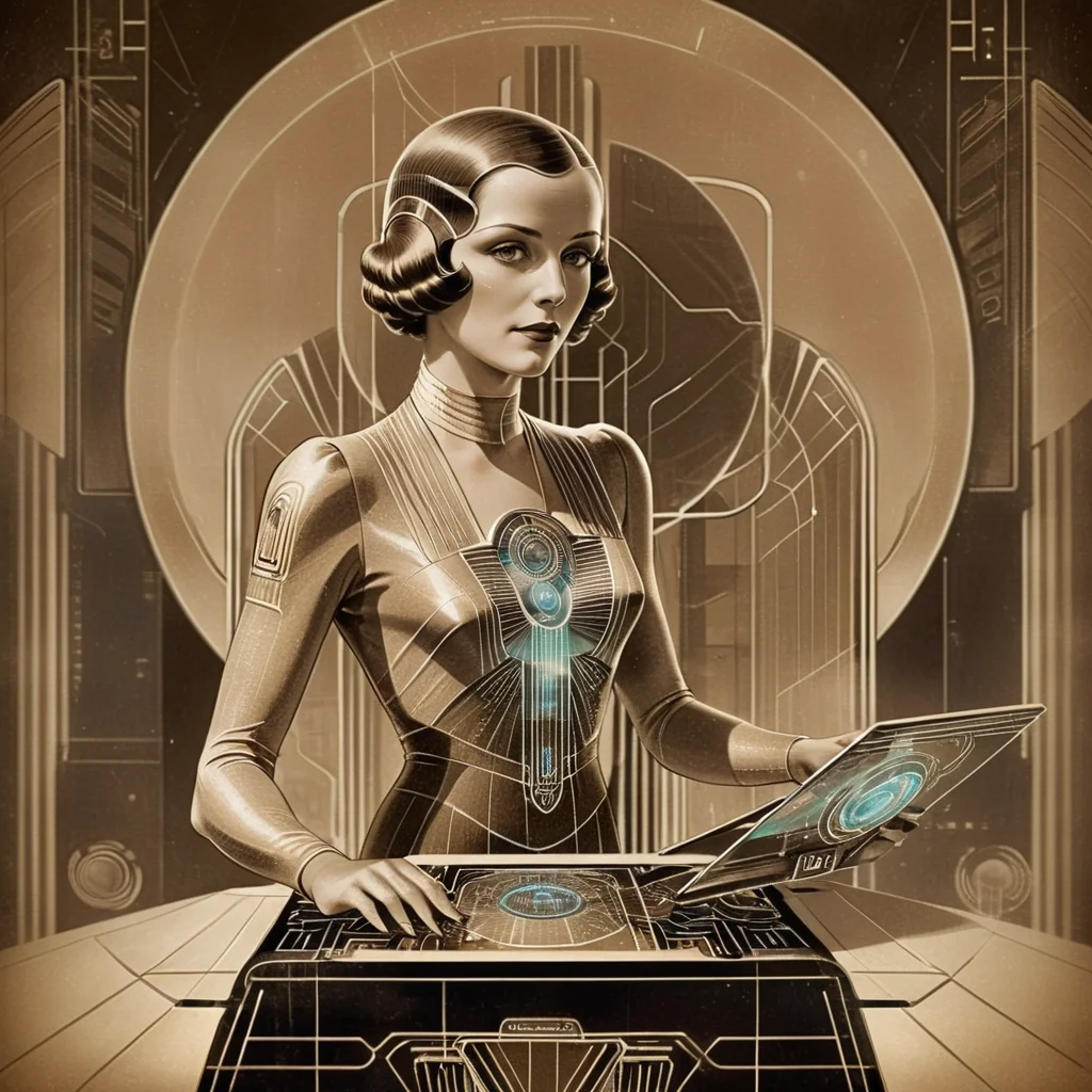 masterpiece, best quality, <lora:add-detail-xl:1> <lora:ArsMJStyle_-_Vintage_Future:0.8> ArsMJStyle An elegant woman in 1930s attire operating a futuristic holographic computer. Sepia tones, with Art Deco-inspired technological interfaces.