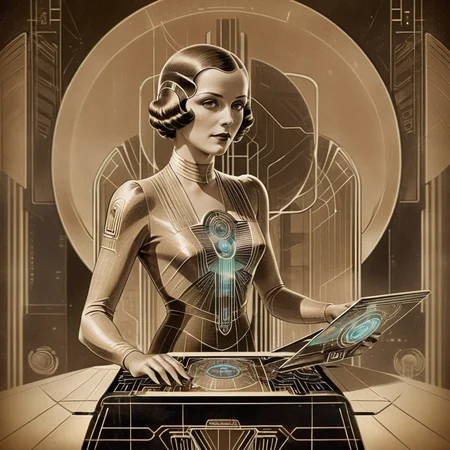 masterpiece, best quality, <lora:add-detail-xl:1> <lora:ArsMJStyle_-_Vintage_Future:0.8> ArsMJStyle An elegant woman in 1930s attire operating a futuristic holographic computer. Sepia tones, with Art Deco-inspired technological interfaces.