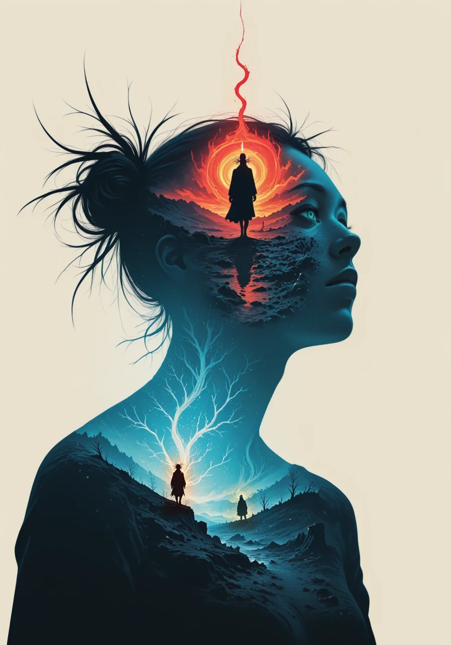 embedding:IllusP0s, double exposure, portrait, silhouette, simple background, 1girl, Himiko Toga, Candlelight, The Isle of the Dragon, a necromancer raising the dead<lora:double_exposure_ill.safetensors:1.0:1.0>