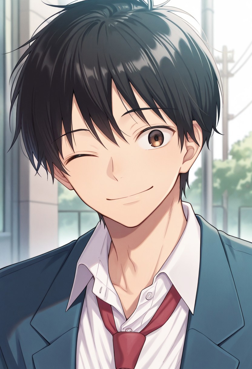 masterpiece,best quality,amazing quality, source_anime, 
kazahaya, 1boy, male focus, solo, brown eyes, black hair, school uniform, shirt, white shirt, collared shirt, necktie, red necktie, jacket, blazer, blue jacket, portrait,
smile, outdoor, one eye closed,