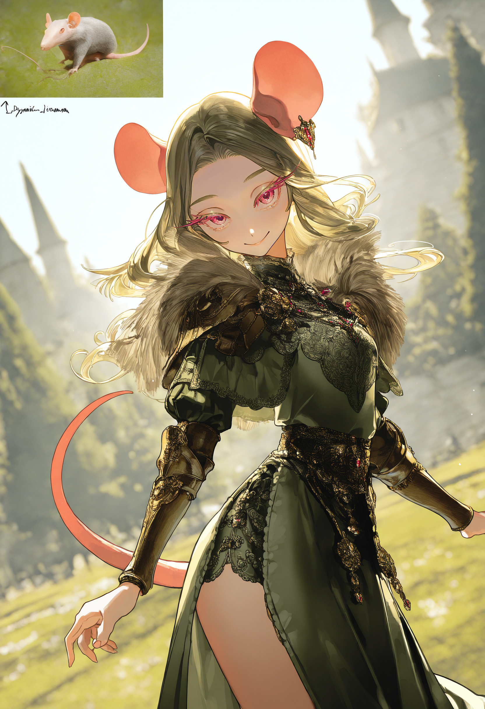 reference inset, reference \(rat\),
by [diyokama|say hana|yoneyama mai|lam],
1girl, personification, creature and personification, dynamic pose, dutch angle,
cowboy shot, facing viewer, looking at viewer, smile, long eyelashes, colored eyelashes,
outdoors, scenery, backlighting, medieval fashion, jewelry,
masterpiece, best quality, very awa, absurdres
<lora:noobai_epred_11_reference_inset_concept_v1:1>