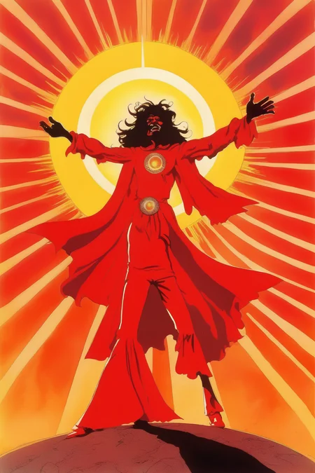 <lora:Ralph Bakshi Style:1>Ralph Bakshi Style - red wizard disco dancing in front of the sun in the style of ralph bakshi