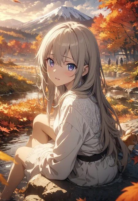 gorgeous lips, cinematic, (masterpiece), (best quality), (ultra-detailed), very aesthetic, illustration, perfect composition, intricate details, absurdres, detailed face, (anime, masterpiece, intricate:1.3), (best quality, hires textures, high detail:1.2), (4k),(incredibly detailed:1.4)
Footbath, beautiful girl, foot of a mountain, sitting on a rock, autumn leaf-colored hair, long hair, evening, autumn, mountain far from the city center, countryside, squirrel on shoulder, cloudy white footbath, perfect quality, cute, people who look at it Looking back, beautiful scenery, high resolution, white blouse,背景 ジブリ, 背景, ジブリ,<lora:more_details:0.5>