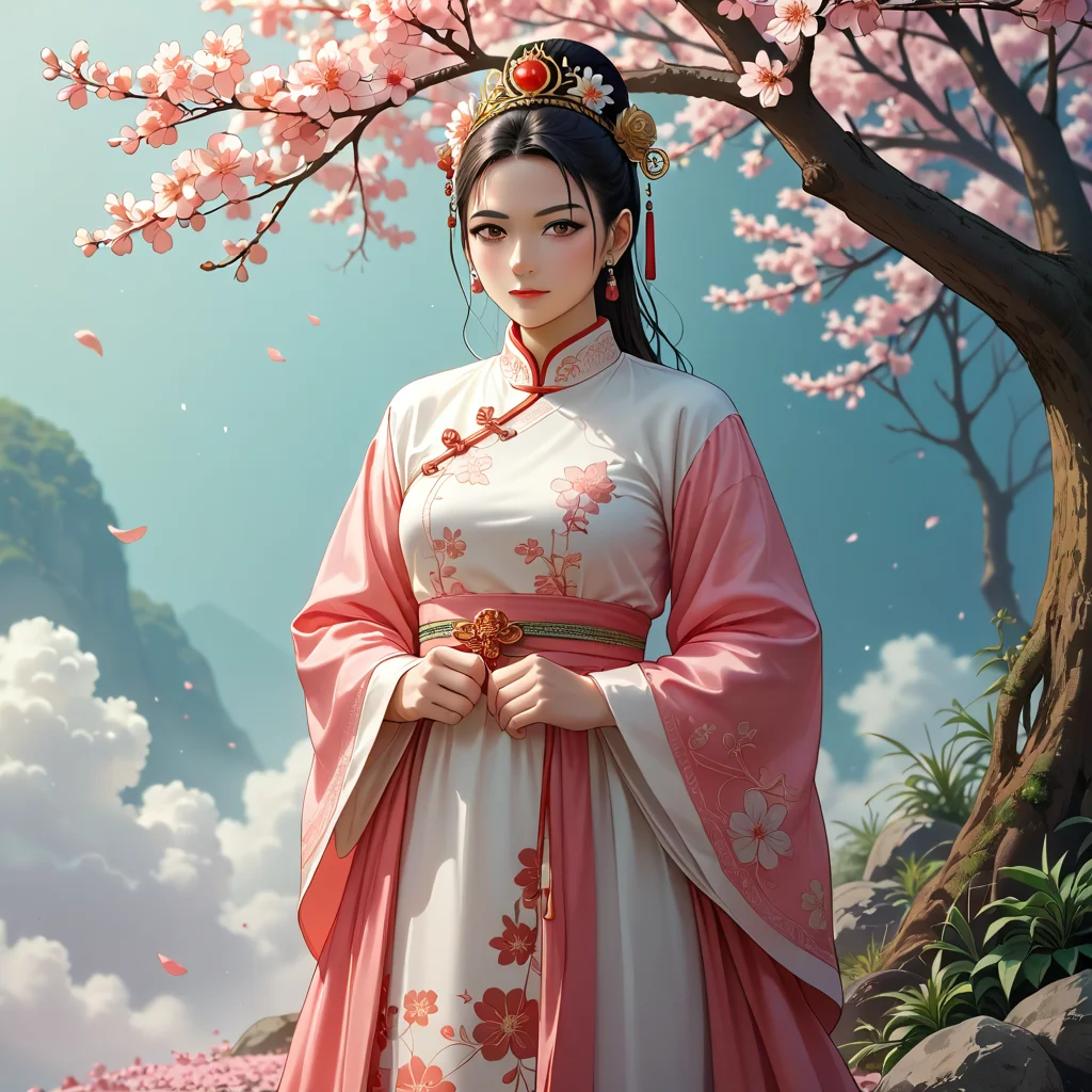 he image shows a young woman wearing a traditional Chinese Hanfu dress. The dress is long and flowing, with a high neckline and long sleeves. It is made of a fabric with intricate gold embroidery on the bodice and skirt. The skirt is also made of the same fabric and has a long train that flows down to the floor. The woman is standing in front of a red pagoda with a cherry blossom tree in the background. She is wearing a gold headpiece with a flower crown on her head and has her hair styled in an updo. The overall mood of the image is elegant and traditional., (HD, masterpiece, best quality, hyper detailed, ultra detailed, super realistic),amazing, traditional_chinese_clothes_sdxl-000008<lora:pony\mine\traditional_chinese_clothes_sdxl-000008.safetensors:0.6:0.6>