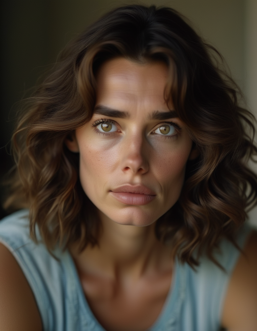 A wistful close-up of a woman with wavy brown hair, her heart-shaped face tinged with sadness, her hazel eyes distant and reflective, her lips slightly parted in a soft sigh, lost in thought. <lora:usual-portrait-v2:1>