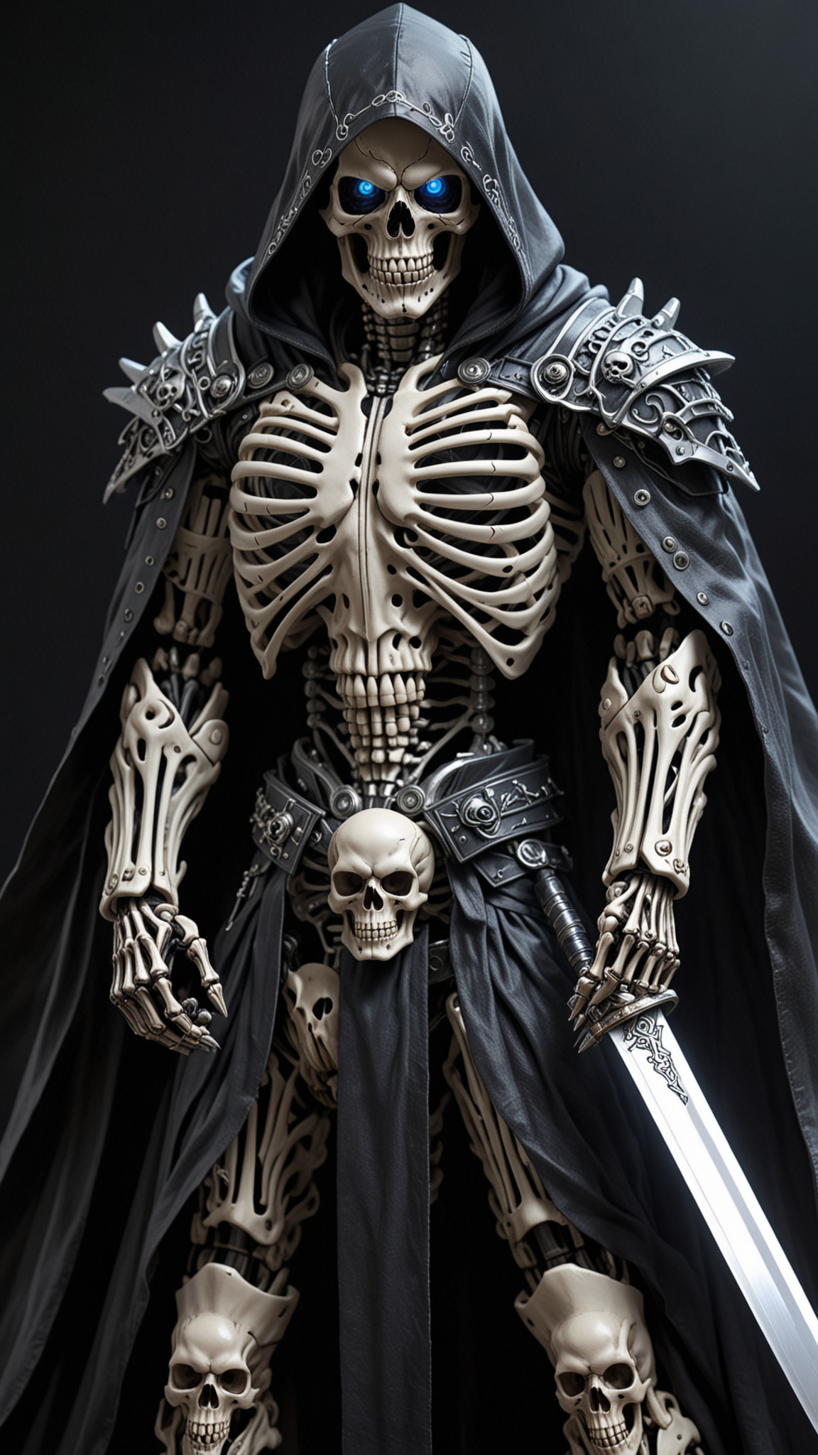(masterpiece:1.2), best quality, high resolution, perfect lighting, extremely detailed, (Terminator assasin), battle scared white and black carbon armor, Wearing a dark cloak with hood, skull face just visable under hood, full_armor, humanoid, Metal Human skull head, (extreme detailed micro mechcanical scary Metal human skull design). Samurai sword shinning silver, Runes decorative embossments over his cloak, slim muscular body fast agile and stealthy,  <lora:Hired_Cyborg_Assasin_XL_-_By_DICE:0.7>