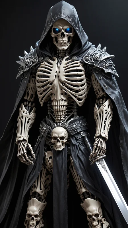 (masterpiece:1.2), best quality, high resolution, perfect lighting, extremely detailed, (Terminator assasin), battle scared white and black carbon armor, Wearing a dark cloak with hood, skull face just visable under hood, full_armor, humanoid, Metal Human skull head, (extreme detailed micro mechcanical scary Metal human skull design). Samurai sword shinning silver, Runes decorative embossments over his cloak, slim muscular body fast agile and stealthy, <lora:Hired_Cyborg_Assasin_XL_-_By_DICE:0.7>