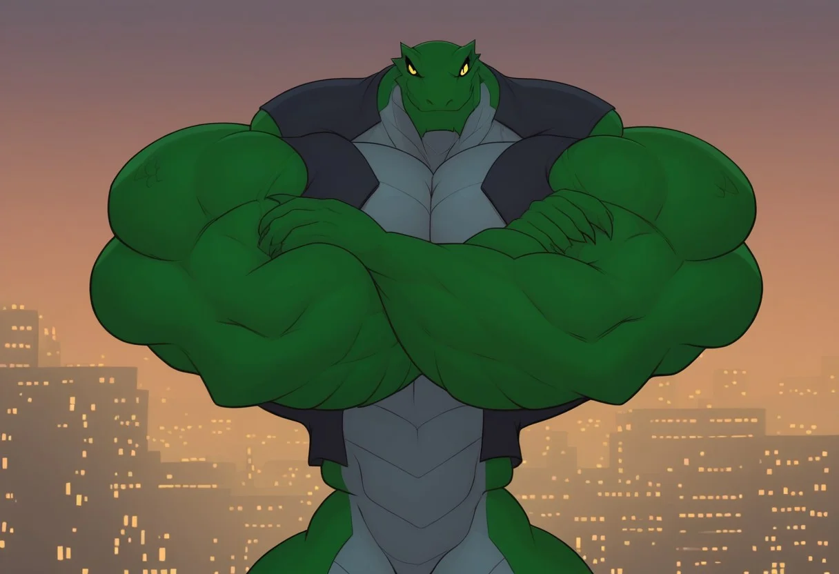 killer-croc, crocodile, anthro, green skin, grey underbelly, reptile tail, black vest, scar on one eye, solo, furry, muscular, crossed arms, looking down at viewer, upper body, veiny, city downtown background, night, evil smirk, bed eyes, (realistic shading, detailed picture), yellow eyes, slit pupil,buff, muscular, swole, muscles, huge muscles, enormous muscles, hyper buff, hyper muscles,
