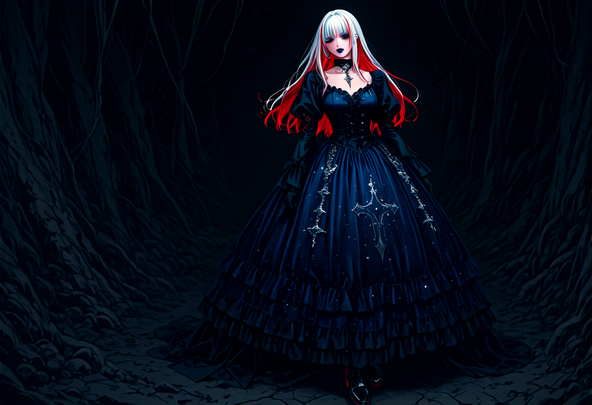 score_9,score_8_up,score_7_up, 1girl, solo, (American Flag, USA theme), 3/4 view, twilight glow, anxious look, (goth, black lipstick, silver jewelry, silver piercings, black mascara, black eyeshadow), (plus-size), (<lora:Underdye_hairstyle__Peekaboo_Hairstyle:1> underdye_hairstyle, two-tone hair,  White outer hair, Blue and Red inner hair),choker, (bloodless white oiled skin), saggy breasts, covered crotch, (saluting), (<lora:goth_clothes:1>, goth dress, gothic jewelry, red white and blue dress, detailed dress, black high heeled shoes),dire hush mania magical crystal cave USA background,  <lora:Retro_Glitch:1>