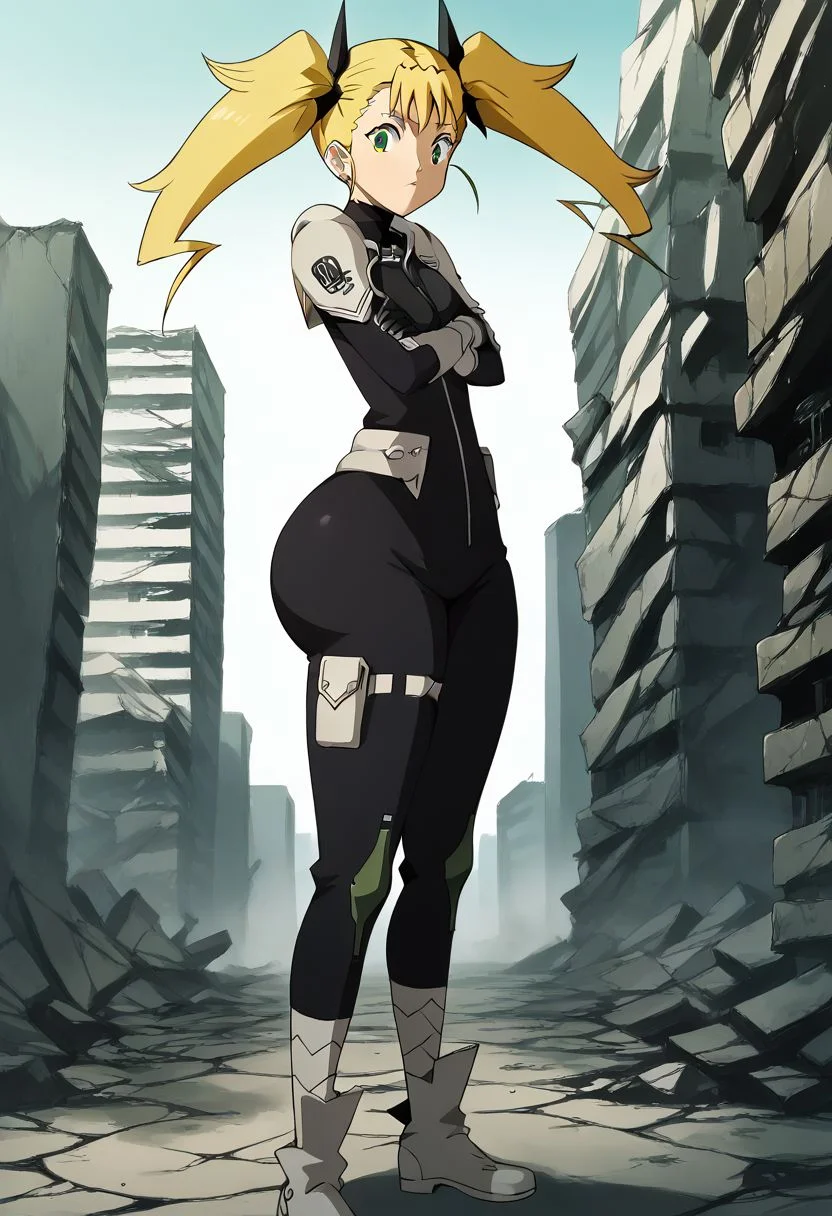 score_9,score_8_up,score_7_up,
BREAK
anime_source,rating_explicit,best quality,masterpiece,aesthetic,highly detailed,perfect anatomy,source_anime,very cute,
solo,
KikoruShinomiya,1girl,blonde hair,twintails,green eyes,
black bodysuit,
shoulder armor,
gauntlets,
boots, standing, legs together, crossed arms
outdoors,
destroyed city,rubble, thick thighs, from side, ((perky ass, big ass, bubble butt:1.2)), tiny waist, wide hips, booty, side view, ((tiny waist, tiny waistline:1.25))