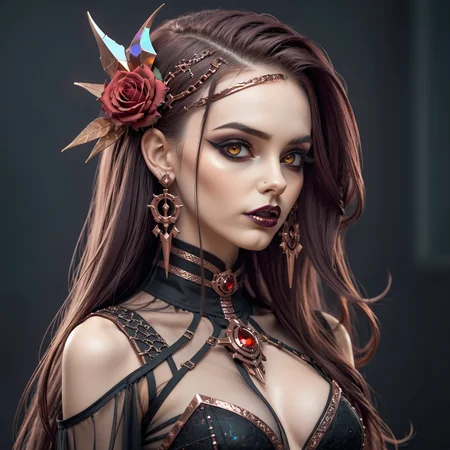 neonpunk style Gothic style beautiful woman,cowboy shot,long hair,sheer clothes,wedge heels,Rose Gold lipstick,iridescent trim,Brown eyes,eyeshadow,makeup,earrings,hairclip,pointy ears, . Dark . cyberpunk