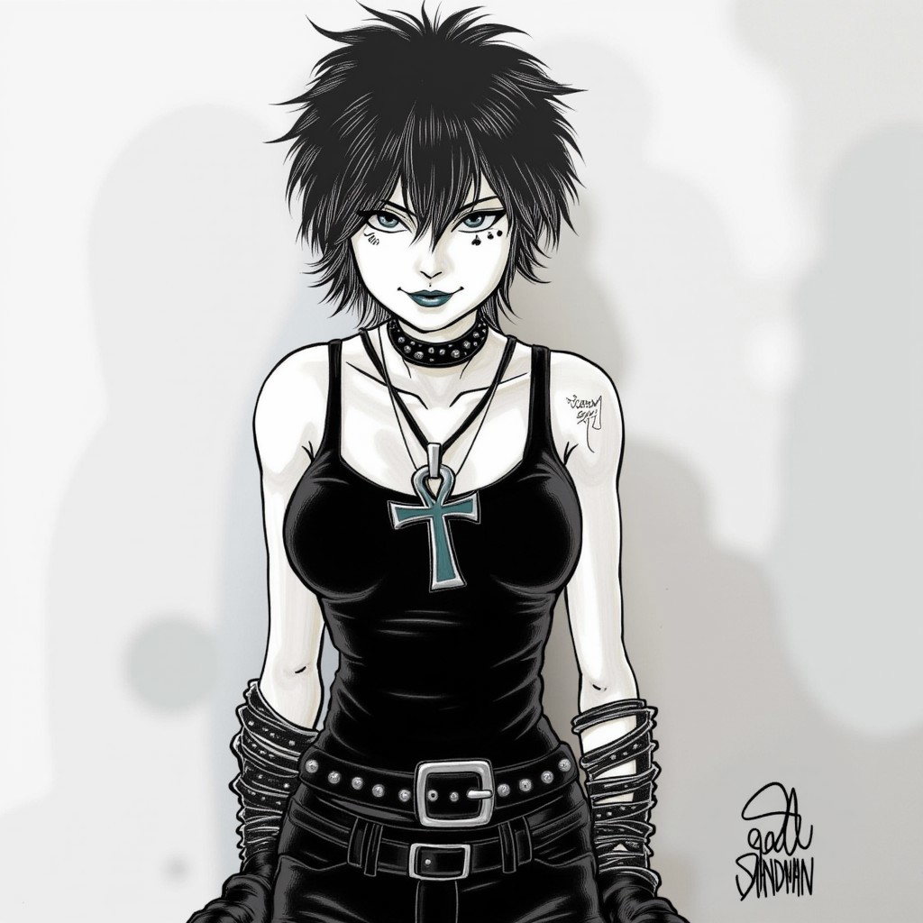 solo,1girl,streaked hair,short hair,black hair,white skin,pale skin,black eyes,makeup,black lips,ankh necklace,black gloves,black tank top,studded belt,black belt,black pants,Goth GIrl,death(sandman)