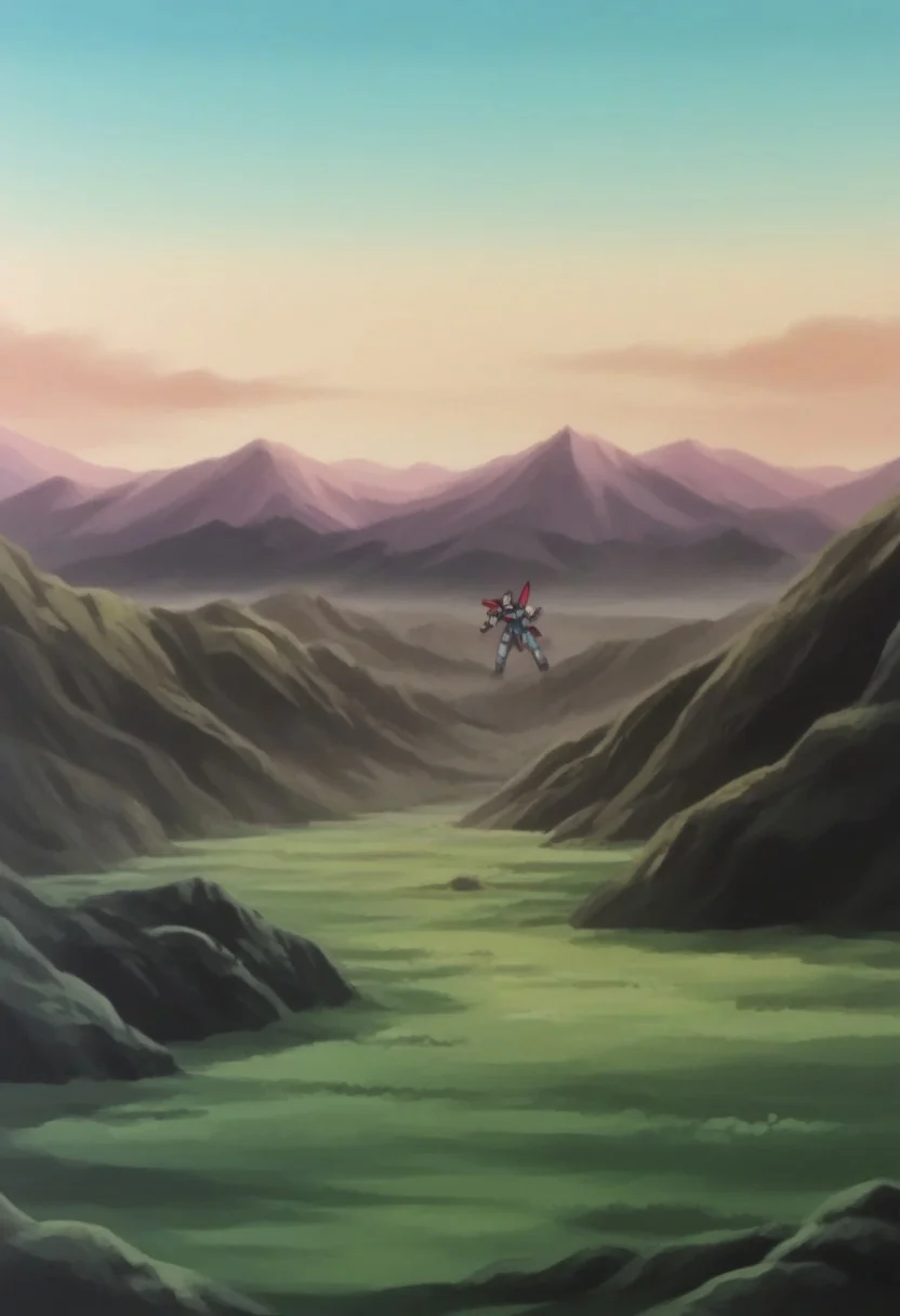 score_8, score_8_up, score_7_up, AWGXS, anime screenshot, retro artstyle,1990s (style), cel animation BREAK no humans, mobile suit, robot, mecha, v-fin, GX-9900, standing, pointing at viewer, outdoors, mountain, scenery, landscape,