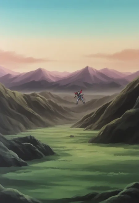 score_8, score_8_up, score_7_up, AWGXS, anime screenshot, retro artstyle,1990s (style), cel animation BREAK no humans, mobile suit, robot, mecha, v-fin, GX-9900, standing, pointing at viewer, outdoors, mountain, scenery, landscape,