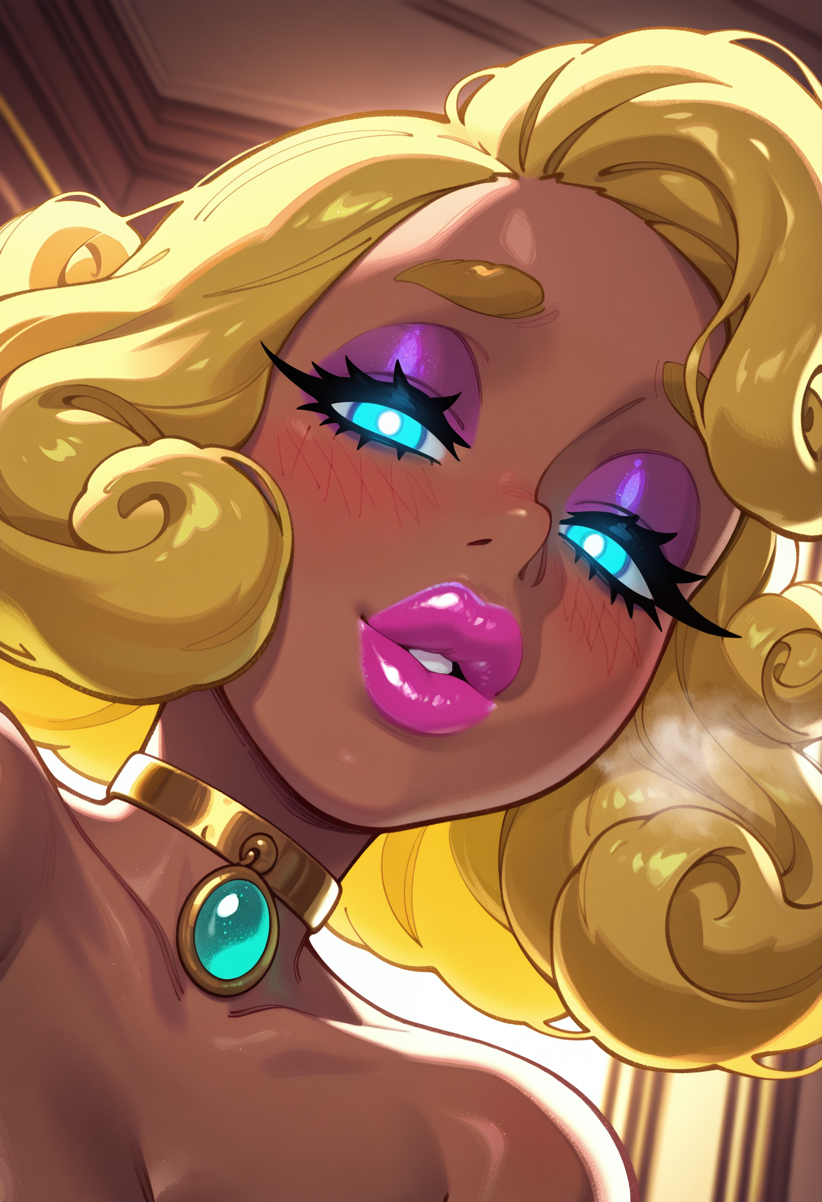 1girl, 3/4 portrait, looking at viewer, dark skin, blonde hair, curly hair, bimbo, big lips, glistening, luxury jewelry, heavy makeup, blush, half-closed eyes, glowing eyes, upper body, face focus, dutch angle, dynamic angle,

indoors, visible breath, dutch angle, ambient lighting,

