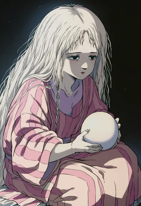 score_9, score_8_up, score_7_up, rating_safe, 1girl, g1rl, white hair, sitting, holding egg, detailed background, dark background