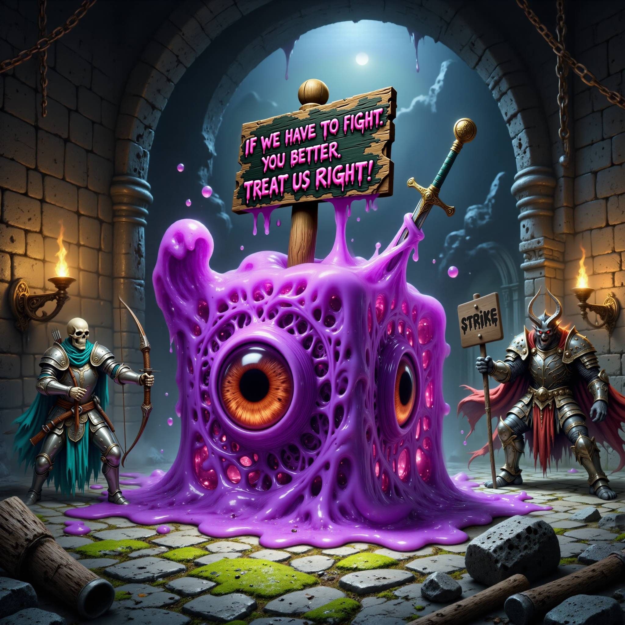 famous artwork, sfumato, epic composition following the rule of thirds, low angle view from below, extremely detailed award-winning masterwork fantasy-style oil painting, an atmospheric scene featuring a purple gelatinous cube on strike inside a dark, damp dungeon, the cube has a gooey appendage holding a strike sign with the words "If we have to fight, you better treat us right!" in dripping green, uneven lettering, surrounding the cube are other monsters - an angry kobold with crossed arms, a skeletal archer holding a picket sign with a broken arrow through it, and a snarling, horned demon, the dungeon is lit by flickering torches, casting long, dramatic shadows over the ancient stone walls and crumbling structures, rusty chains hang from the ceiling, and eerie green mist swirls at the floor level, the cube has engulfed adventurersâ gear, including swords, helmets, and shields, while the other monsters stand in solidarity with determined expressions, the overall scene feels tense yet oddly humorous as these fearsome creatures unite in protest, the dungeonâs grim atmosphere contrasts with the absurdity of the strike, highly detailed background, hud_dr1ppy, <lora:gelatinous_cube-flux-by_oneviolentgentleman:0.96> <lora:dripping_font-flux-by_headupdef:1.0>