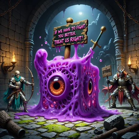 famous artwork, sfumato, epic composition following the rule of thirds, low angle view from below, extremely detailed award-winning masterwork fantasy-style oil painting, an atmospheric scene featuring a purple gelatinous cube on strike inside a dark, damp dungeon, the cube has a gooey appendage holding a strike sign with the words "If we have to fight, you better treat us right!" in dripping green, uneven lettering, surrounding the cube are other monsters - an angry kobold with crossed arms, a skeletal archer holding a picket sign with a broken arrow through it, and a snarling, horned demon, the dungeon is lit by flickering torches, casting long, dramatic shadows over the ancient stone walls and crumbling structures, rusty chains hang from the ceiling, and eerie green mist swirls at the floor level, the cube has engulfed adventurersâ gear, including swords, helmets, and shields, while the other monsters stand in solidarity with determined expressions, the overall scene feels tense yet oddly humorous as these fearsome creatures unite in protest, the dungeonâs grim atmosphere contrasts with the absurdity of the strike, highly detailed background, hud_dr1ppy, <lora:gelatinous_cube-flux-by_oneviolentgentleman:0.96> <lora:dripping_font-flux-by_headupdef:1.0>