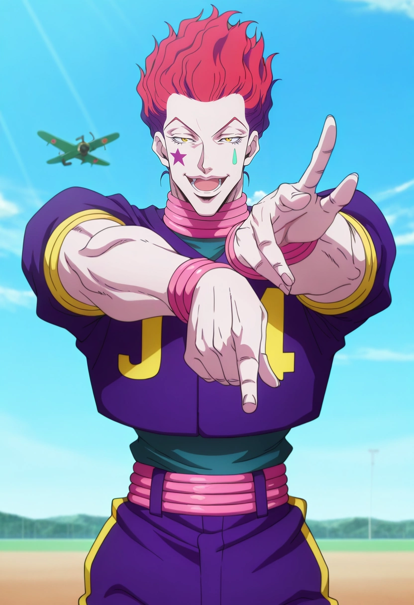 masterpiece, best quality, , anime screencap, anime coloring, , looking at viewer, 1boy, solo, male focus, <lora:hisoka_morow_ilxl:0.92>, hisoka_morow, red hair, yellow eyes, , close-up, plane, day, sunny, jojo pose, :D, Checkered Chambray Indigo Track pants, Baseball jersey, , , and andDaypack