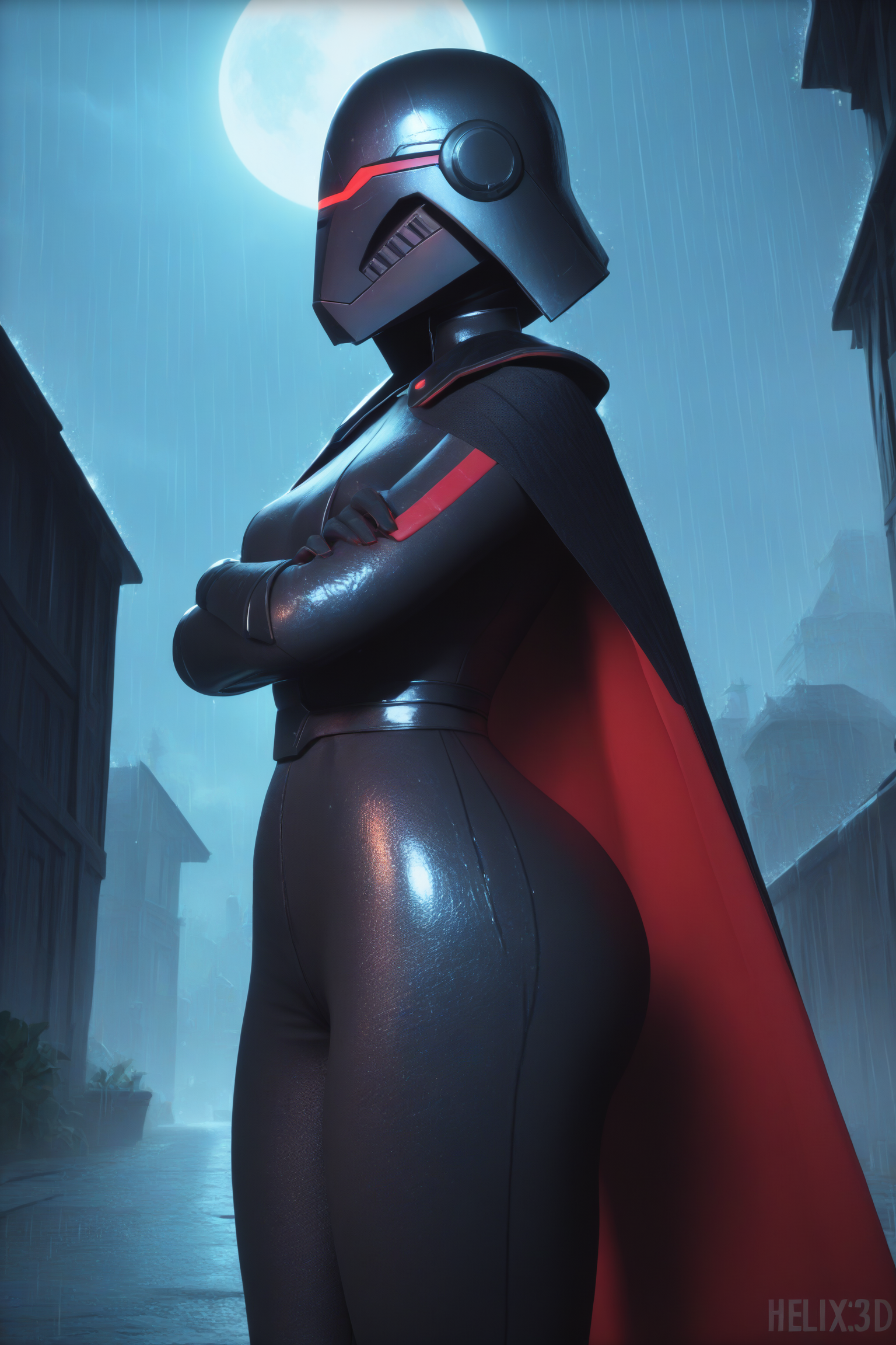 score_9, score_8_up, score_7_up, 3d,
BREAK
<lora:Lunas-FortniteStyle-SDXL-A2:1>, <lora:Trilla:0.75>, Trilla, helmet with red visor, cape, armor,black gloves,tight bodysuit,black cape,black pants,
solo, standing, from side, medium breasts, crossed arms, wide hips,
junkyard background, rain, night, night sky