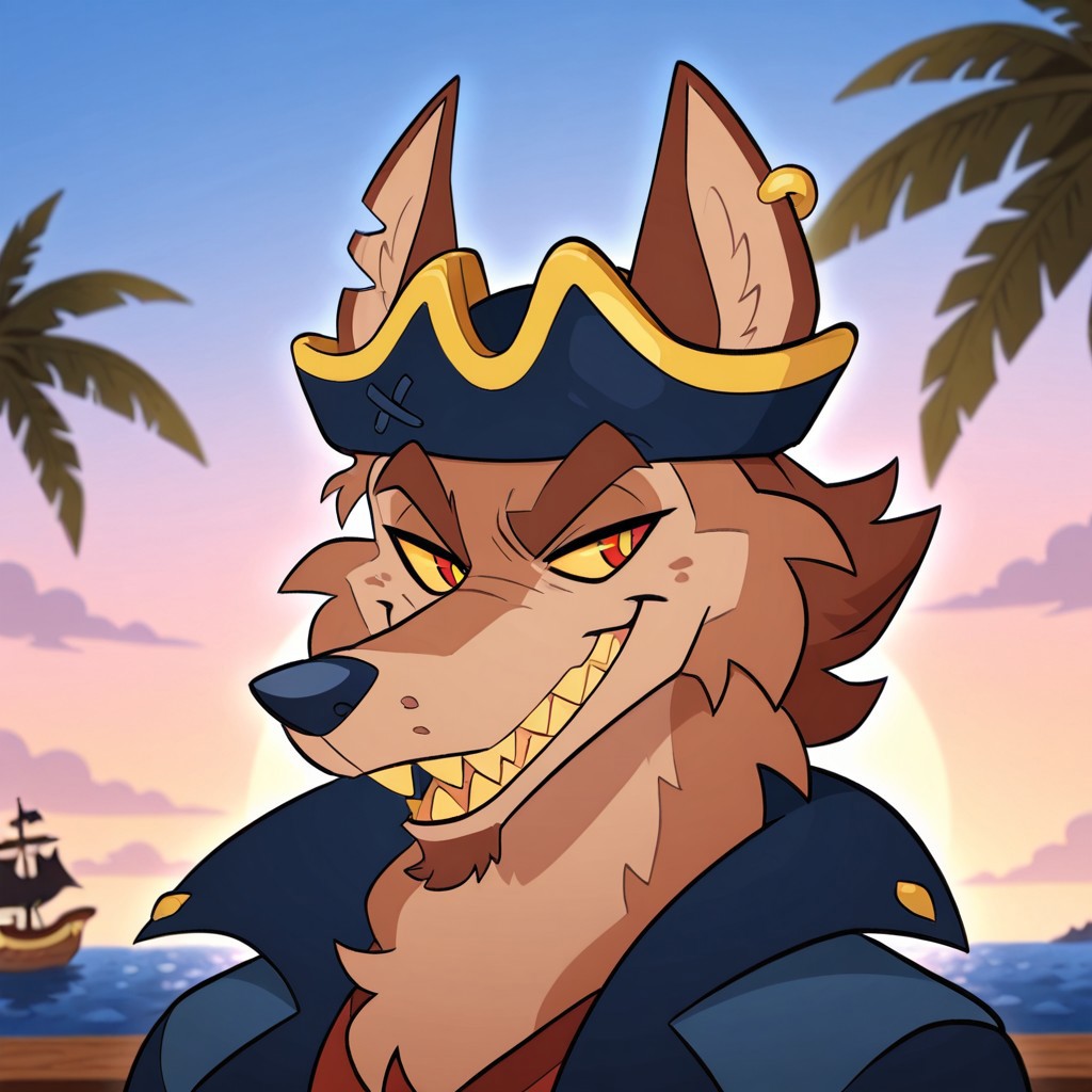 <lora:Skurv_the_Coyote:1>, masterpiece, best quality, hires, absurdres, skurvthecoyote, coyote, solo, 1boy, male focus, furry male, furry, brown fur, teeth, sharp teeth, smile,two-tone fur, animal ears, yellow sclera, red eyes, teeth, thick eyebrows, pirate hat, earring, facial hair, blue jacket, open jacket, ocean background, on pirate ship, palm trees, close up, portrait