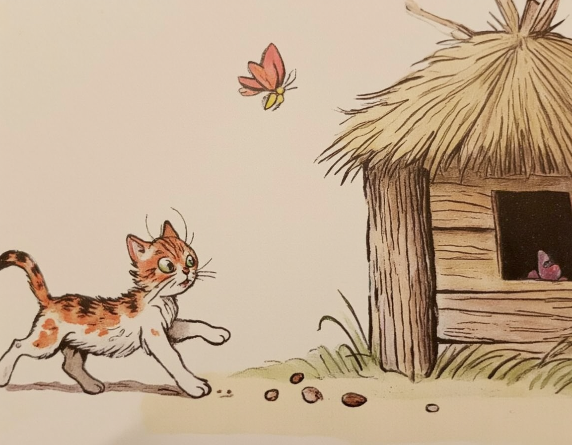 <lora:suteev:1>, A playful kitten chasing a butterfly near a small wooden house with a thatched roof, in the artistic style of Vladimir Suteev â colorful, gentle outlines, and full of warmth and charm.