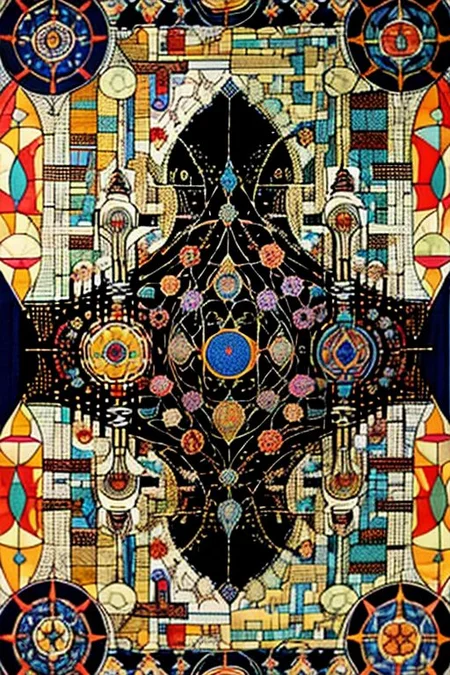 Abstract Tabriz rug in Daniel Richter + Piet Mondrian style, transgressive vision, metallic industrial paint, opulent and fantastical imagery, mosaic purple halo, vivid hallucination, extremely bright, splendid, linear perspective, continuous immersive atmosphere, immersive art, mesmerizing perfection, crimson red, lapis lazuli blue, coffee brown, black corners, black frame, this piece should reflect the diverse aesthetics of the artists in the collective: Raqib Shaw + Daniel Richter + Piet Mondrian, ths_tapestry, FixedStars, pureerosface_v1