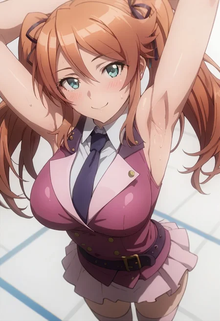 score_9,score_8_up,score_7_up
, shiny skin, perfect composition,
aya_sugihara, 1girl, twintails, long hair, brown hair, green eyes, blue eyes, breasts, necktie, sleeveless, pink waistcoat, white collared_shirt, ribbon, skirt, thighhighs, belt, zettai ryouiki, idol,
arms up, armpits, sweat,presenting armpit, from above, standing, looking at viewer, seduce, blush, smile,