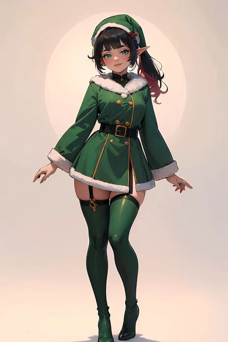 (masterpiece, best quality, highres, high resolution:1.2), extremely detailed, intricate details, 1girl, solo, looking at viewer, clamEmma, <lora:clamEmma:0.6>, (simple background, white background:1.2), full body, santa's elf, green outfit, green tights, stocking cap, high heel boots, smile, side-swept bangs, black hair, pink IncursioDipDyedHair, messy mid ponytail, green eyes, thick eyebrows, freckles, <lora:DipDyedHair:0.8>, <lora:weight_slider_v2:0.25>, (cinematic lighting, bloom, volumetric)