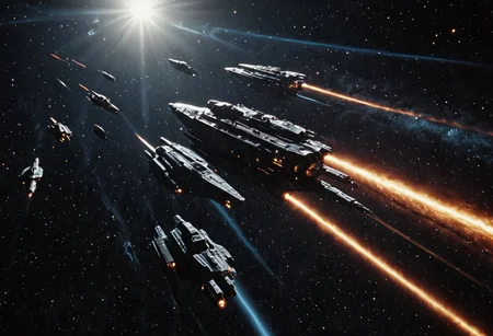 Masterpiece. High quality. Perfect quality. Full body picture  of:
Human space fleet traveling through deep space to the sun. Civilian and military ships.
Nebulas and stars behind. 
Battlestar galactica style.
realisticvision-negative-embedding, Movie Still, Film Still, Cinematic, Cinematic Shot, Cinematic Lighting, JuggernautNegative, detailxl.