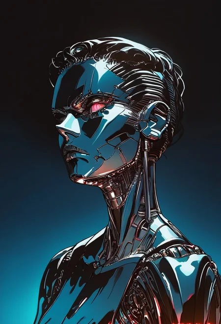 score_9, score_8_up, score_7_up, score_6_up, Side profile, woman, chrome skinned, polished finish, cyborg, android, cybernetic, by Hajime Sorayama, serious expression, toothbrush mustache, neon-lit background, reflective chrome highlights, futuristic dystopian setting, vibrant blue and red lighting, soft shadow along jawline,
<lora:Chromecore_style:0.8>, ((Chromecore,,, simple background, dark and blue background, vibrant colors, colorful, metal skin, expressionless, serious, chromecore, bright, dark vibes, dark fantas, armor, monochrome, colored skin, gradient, th3rm4l, colorful, thermal, NLSTN, glowing, dark, sinozick style, flat color, dark theme))