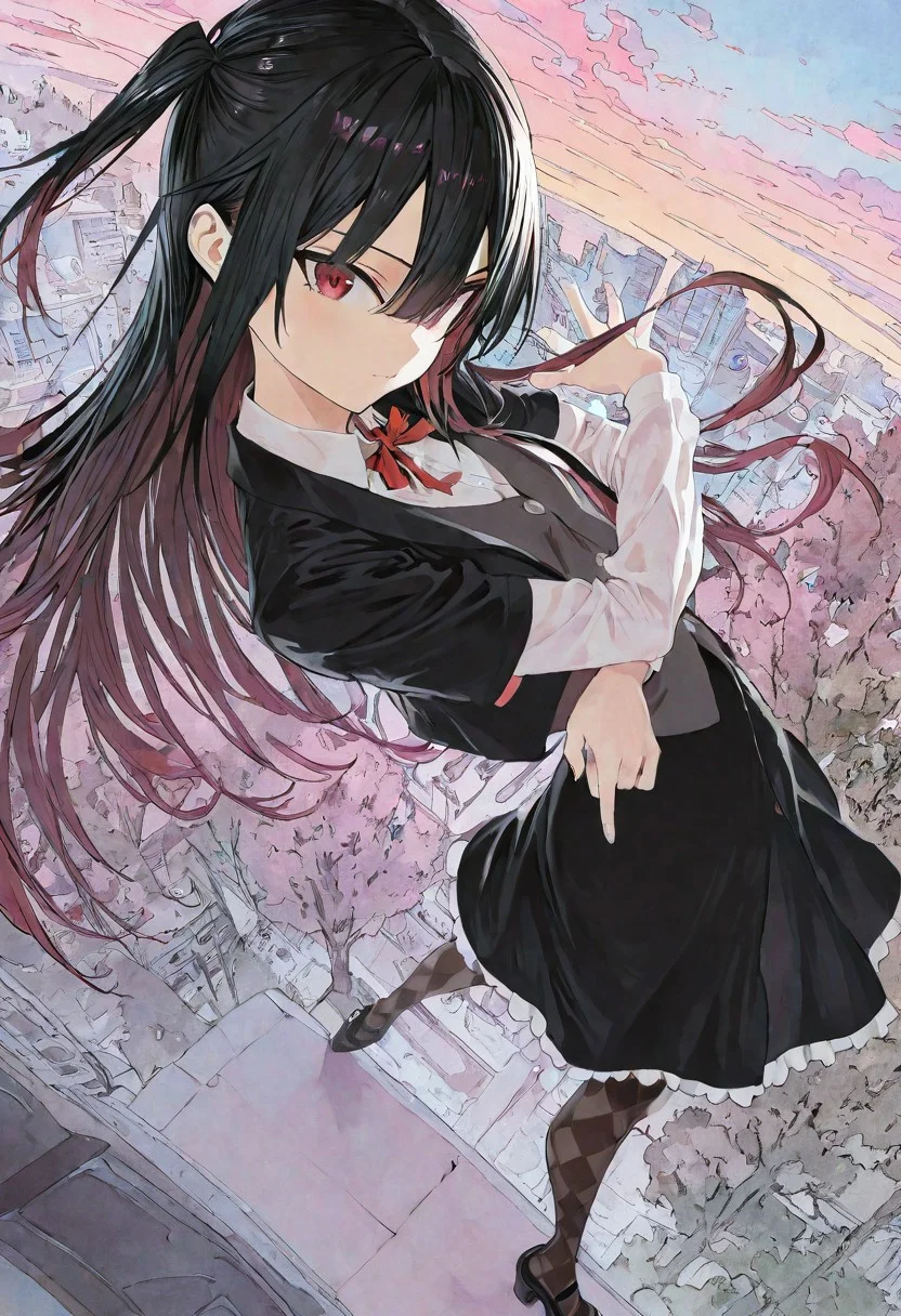yashajin ai, ((takamine takane, black hair, by hiiragi yuuichi, solo, long hair)), eyes, long hair, sidelocks, one side up, black jacket, white collared shirt, short over long sleeves, grey vest, black skirt, frilled skirt, argyle pantyhose, mary janes, watercolor, pastel colors, from above, dutch angle, dynamic angle, breaking_dance, base sliding, legs lock, sliding, stylish pose, fashion pose, building, tree, sky, clouds, masterpiece, best quality, ultra-detailed, best illustration