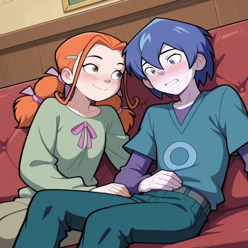 masterpiece, best quality, break, ze_el, (1boy, zeke_ma, blue hair, short hair), break, (1girl, elena_ma, orange hair, twintails), sitting, sofa, blush, cuddling,