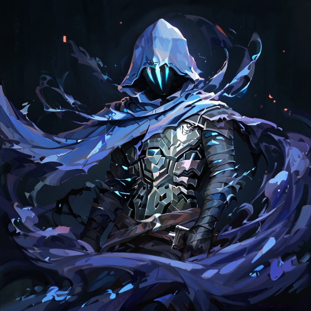 score_9, score_8_up, score_7_up, score_6_up, Omen, hood, shadowy, ,hooded cloak, black gloves, black armor,  no humans, blue eyes, blue cape