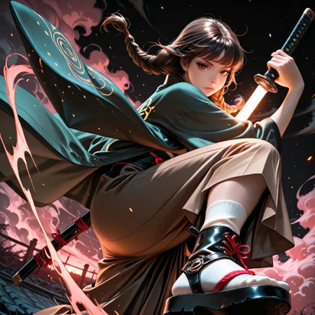 SmoothNoob_Quality, dynamic composition, 1girl, hand on katana, unsheathing, kimono, dark green kimono, Haori, reddish brown haori, Obi, sash, brown Hakama, long white socks, sandals, solo, brown hair, curly shoulder-length brown hair, front twin braids, looking at viewer, bangs, greyish-brown eyes, long hair, closed mouth, embers, black background, boots, dynamic pose, dutch angle,foreshortening, twilight, glowing, ink background, abstract background, bright colors, dark, pink theme, gray smoke, neon trim,