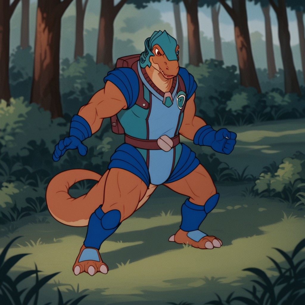 score_9, score_8_up, score_7_up, score_6_up, score_5_up, score_4_up, source_furry,AlloDinos, anthro, male, dinosaur, brown skin, blue armor, blue gloves, teal helmet, fighting stance, in a forest