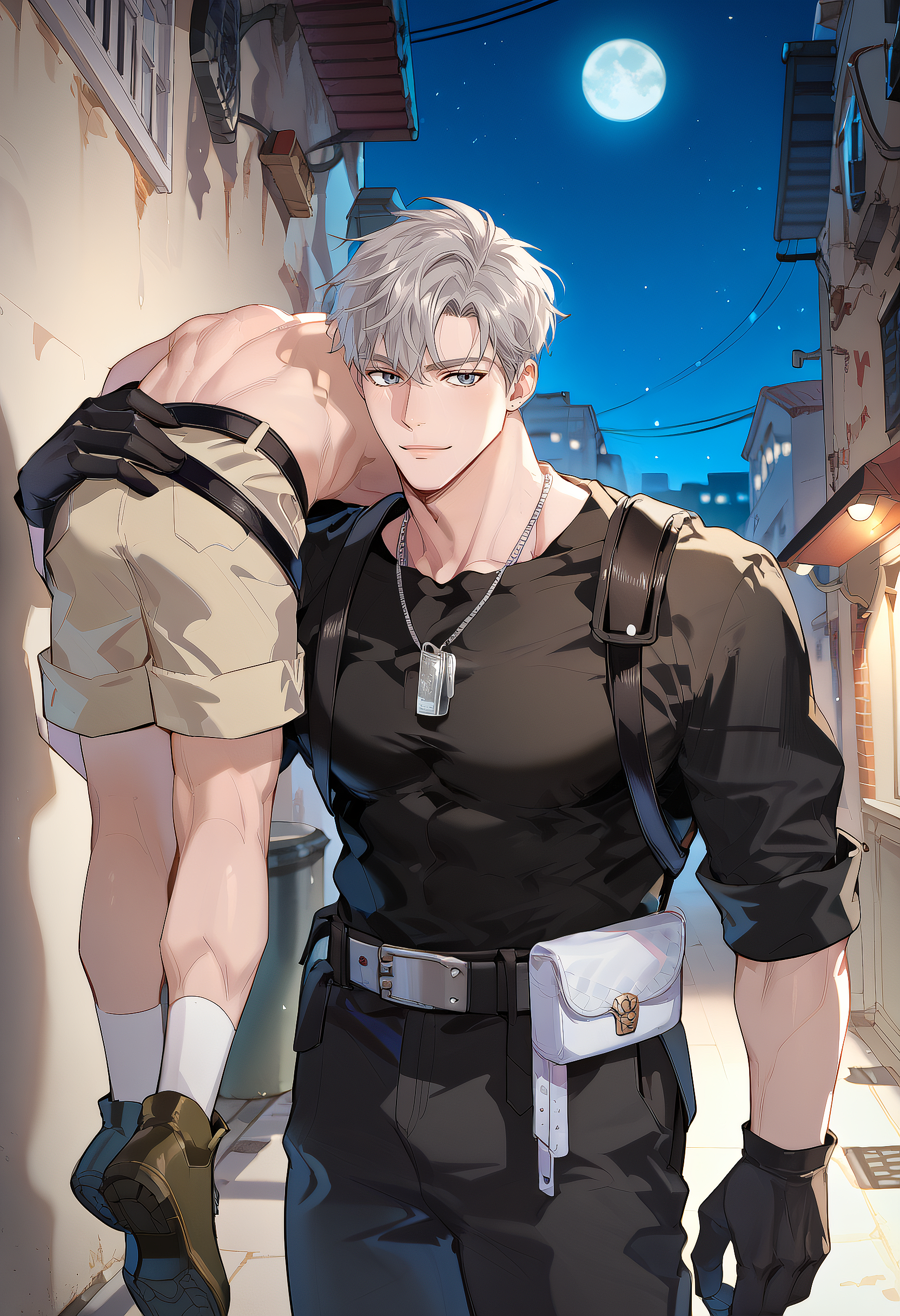 embedding:Pony\Positive\zPDXL3, score_9, score_8_up, score_7_up, passion_ilay, 2boys, grey hair, grey eyes, muscular male, male focus, black gloves, belt, black shirt, black pants, dogtag necklace, carrying, carrying over shoulder, boy on top, back alley of the city, night, moon