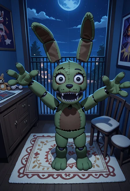 score_9, score_8_up, score_7_up, solo male, (high-angle view:1.1), pov, PlushtrapFNAF, rabbit ears, scut tail, teeth, wear and tear, green fur, petite, barefoot, 4 fingers, perfect hands, (large head:1.1), shortstack, small body, sharp teeth, fuzzy, plush body, seam \(sewing\), stitch \(sewing\), animatronic, glowing eyes, crooked whiskers, ragged, withered,
masterpiece, detailed face, looking at viewer, smile, open mouth, nervous, knock-kneed, cocked head, zPDXL3, dark house, inside, nighttime, night, raised arms, hands up, reaching towards viewer, bedroom, carpet, chair, standing, living plushie, detailed background, dutch angle, spooky, perspective, side view