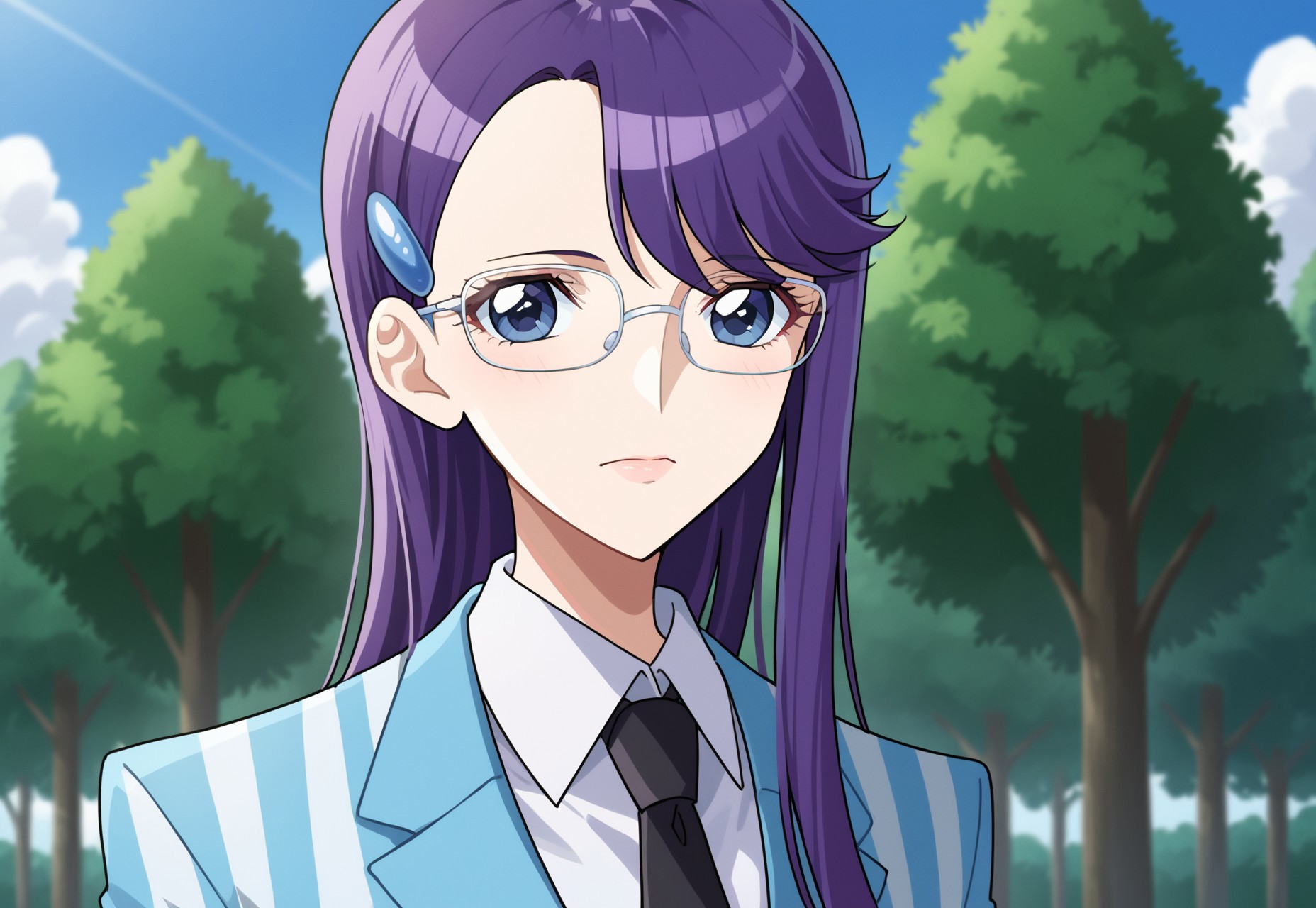 score_9, score_8, score_7, source_anime, tsukikage yuri, 1girl, solo, glasses, hairclip, necktie, shirt, collared shirt, zipper, outdoors, solo, tree, upper body, blurry background, black necktie, sky, white shirt, day, blue sky, striped clothes, striped jacket, closed mouth
