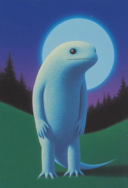 (dreamy_fantasy) A close-up, low-angle illustration of a cute salamander standing on a lush green lawn at night, its iridescent glowing skin shimmering with shifting hues of blue, violet, and emerald. Its body is adorned with rhinestone diamond simulants arranged in intricate swirling galaxy-like patterns, wrapping tightly along its slender frame. The salamander’s delicate limbs and smooth, glistening skin reflect the moon’s soft glow, emphasizing its ethereal presence. The low-angle perspective positions the viewer near the ground, looking slightly upward at the salamander, making it appear grander and more prominent against the surreal backdrop. The grass in the foreground is sharp and slightly out of focus near the edges, emphasizing depth. The background features a massive full moon dominating the sky, glowing with a bright halo of blue radiance around its circumference, casting a soft ethereal light on the salamander and landscape. The night sky is a deep indigo, fading into a dreamy purple hue near the moon, while faint mist enhances the surreal atmosphere. Delicate gold dust sparkles subtly throughout the frame, drifting gently, adding a magical, otherworldly quality. The low-angle perspective enhances the dreamy and fantastical mood, making the scene feel immersive and almost cinematic, as if the salamander exists in an enchanted night world.