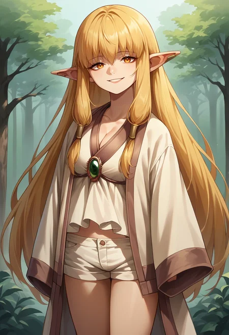 score_9, score_8_up, source_anime, 1girl, solo, Serie, long hair, hair tubes, ear bar, white dress, short dress, cleavage, green brooch, white robe, short robe, white shorts, evil smile, outdoors, forest, <lora:ChamSeriePonyXL:1>