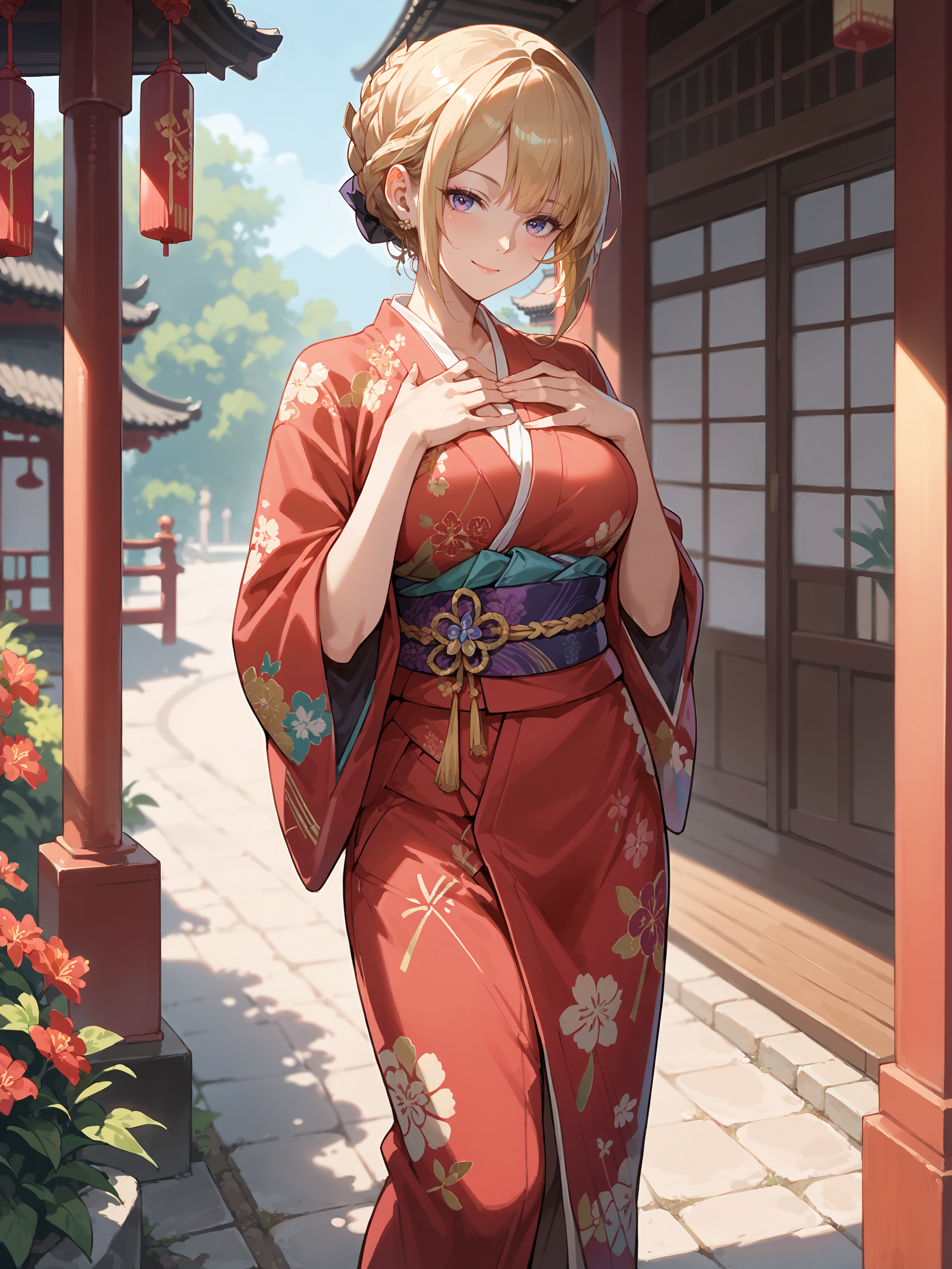 score_9, score_8_up, score_7_up, source_anime, ray tracing, best quality,  <lora:Style-Expressive_H-pony:0.8:hr=0.4>,  <lora:Char-ZZZ-Evelyn-V1-Pony:0.9:hr=0.6>, 1girl, solo, evelyn chevalier, braided bun, hair up, kimono, obi, sash, tabi, standing, cowboy shot, hands on own chest, light smile, east asian architecture, outdoors, blurry background, masterpiece