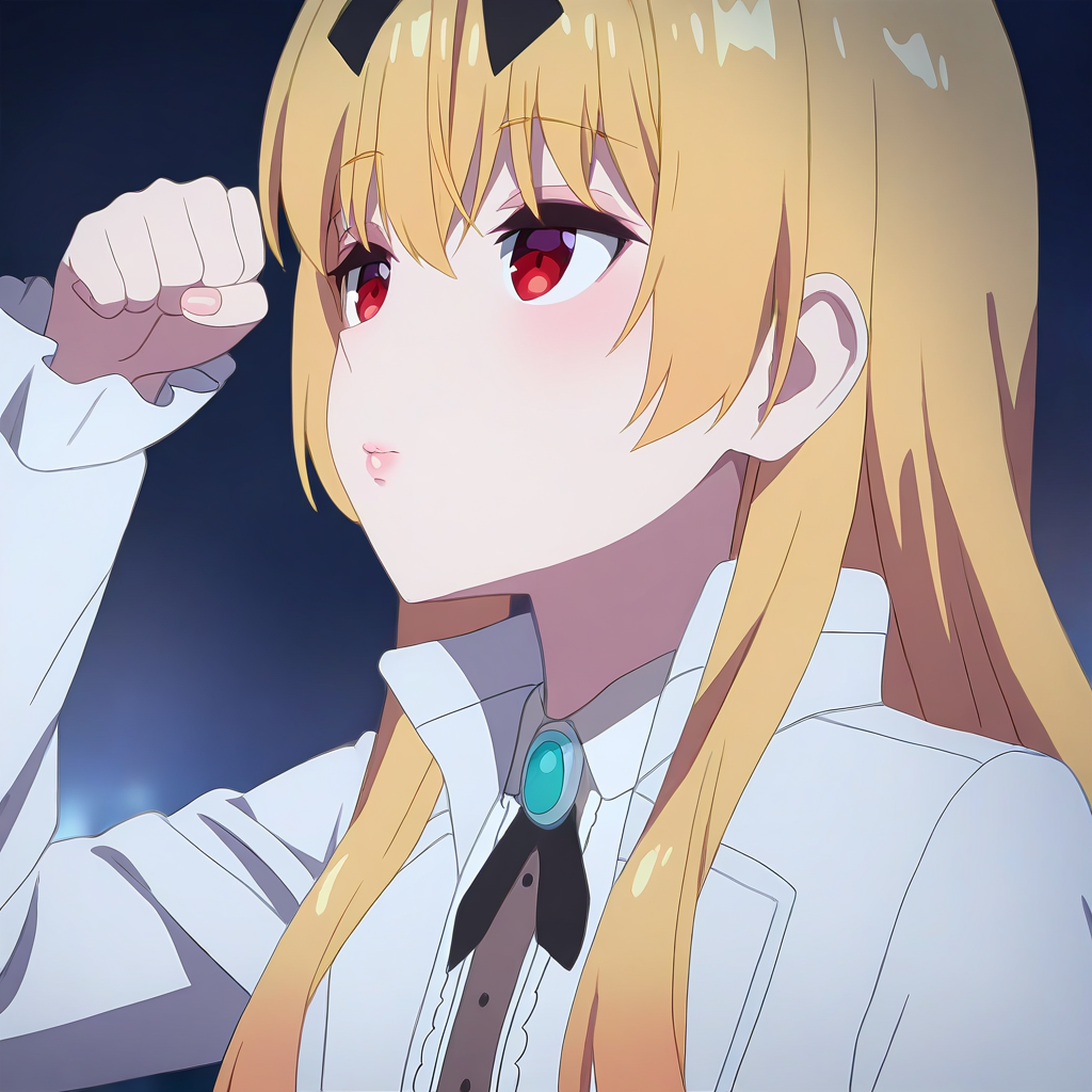 newest,absurdres,masterpiece,highres,<lora:yue-step00002000:1>,yue,red eyes,blonde hair,lips,paw_pose,