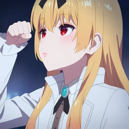 newest,absurdres,masterpiece,highres,<lora:yue-step00002000:1>,yue,red eyes,blonde hair,lips,paw_pose,