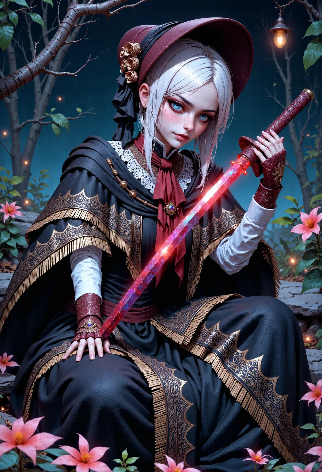 Best quality, neon light, a beautiful PlainD0ll wearing intricate detailed outfit holding an iridescence glowing katana, made of liquid metal, in a fantasy art style, with silver hair, sitting on the ground covered in bioluminescence floral, with a highly detailed face and beautiful eyes <lora:FluxMythP0rtr4itStyle:1> mythp0rt <lora:FluxPlainDoll:1>
