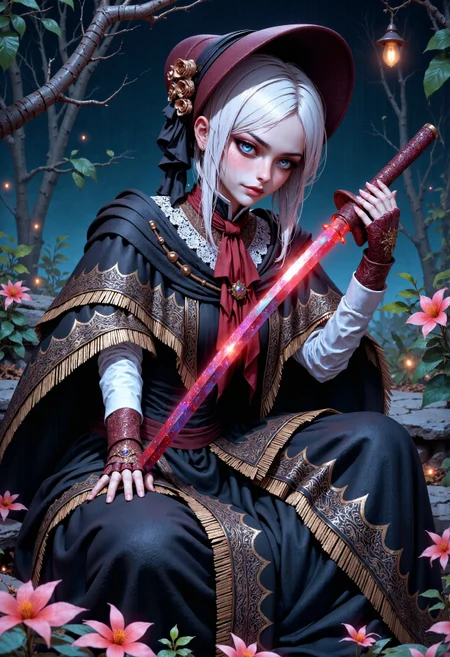 Best quality, neon light, a beautiful PlainD0ll wearing intricate detailed outfit holding an iridescence glowing katana, made of liquid metal, in a fantasy art style, with silver hair, sitting on the ground covered in bioluminescence floral, with a highly detailed face and beautiful eyes <lora:FluxMythP0rtr4itStyle:1> mythp0rt  <lora:FluxPlainDoll:1>