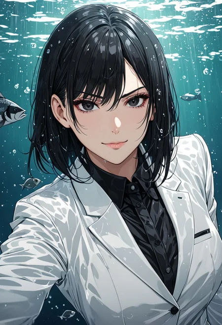 (anime, masterpiece, intricate:1.3), (best quality, hires textures, high detail:1.2), (4k),(incredibly detailed:1.4), perfect anatomy, graceful face, slim, big breasts, constricted waist, nice body, lips, arrogant look, villain, 1woman, evilish smile, high pointed nose, (nostrils:1.3), neatly, angry, 25 y/o
black eyes, bob hair, black hair, evil look,
underwater, office suit, white suit, fish around, top buttons of shirt unbuttoned, jacket open, wet, floats in water, water physics, soaking wet, selfie