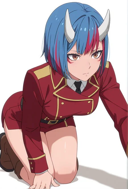 Smooth Quality,masterpiece,very intricate, high quality details, ultra realistic, high detailed skin,detailed enviorement,absurdres,
simple background, white background, 
,pensive,kneeling, one hand on ground, reaching forward, focused, tense,  ,
 <lora:Gobwa_cnn:0.8>gobwacnn,1girl, short hair,blue hair, multicolored hair, facial mark, streaked hair,white horns, brown eyes,
shirt,red jacket, red coat, black belt, double-breasted, boots,